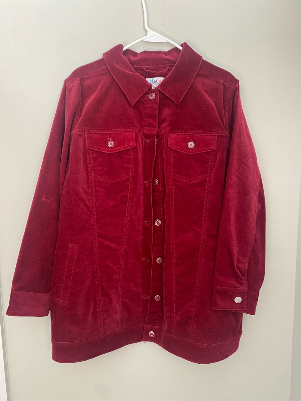 d&co. Women's Deep Red Velvet Button-Front Jean Jacket